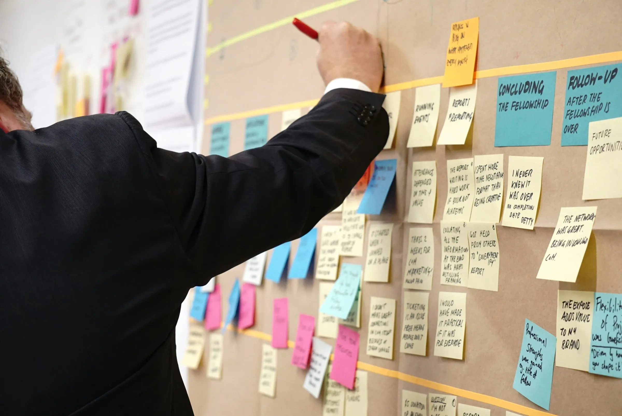 A small group discussing ideas around a table with sticky notes